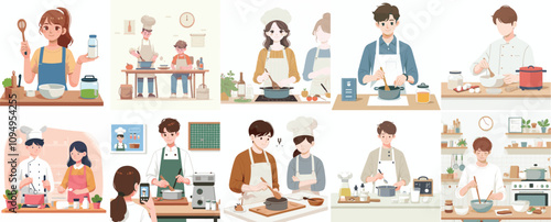 Vector of a teenager taking a cooking class with a simple and minimalist flat design style. plain white background