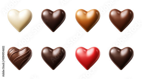 Assortment of heart-shaped chocolates in white, milk, dark, caramel, and red variations, displayed with a glossy finish isolated on the transparent background. Concept of Valentine's Day.