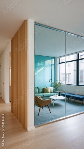 Glass partition wall between rooms keeps space light and open