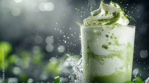 Creative food template. Close up Topping of matcha green tea glass of milk milkshake yoghurt smoothie with liquid droplet splash splashing swirl on smoky background. copy text space. photo