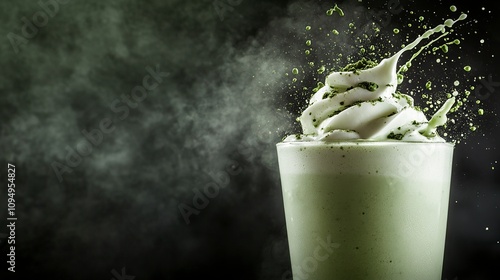 Creative food template. Close up Topping of matcha green tea glass of milk milkshake yoghurt smoothie with liquid droplet splash splashing swirl on smoky background. copy text space. photo