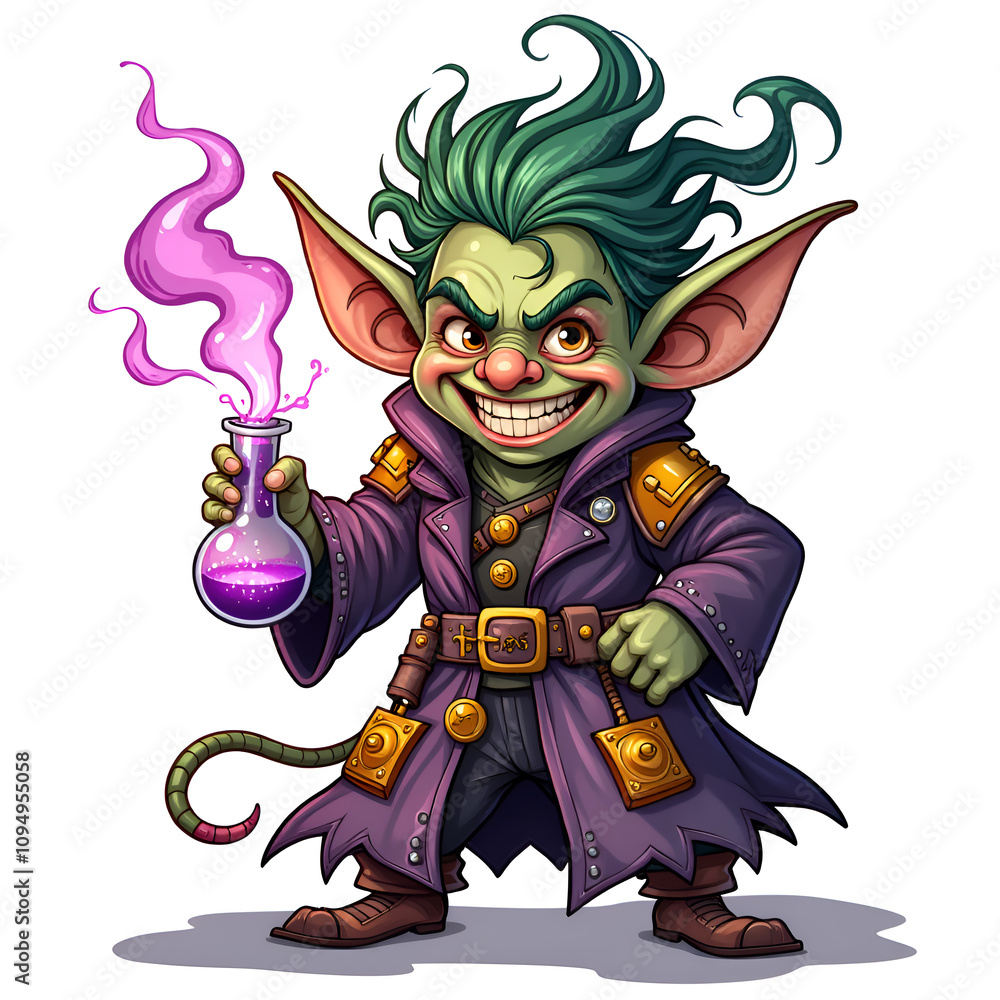 Clever goblin alchemist holding a potion in a mysterious lab environment, digital art of fantasy character design concept. Clever goblin alchemist holding a potion in a mysterious lab environment, digital art of fantasy character design concept.