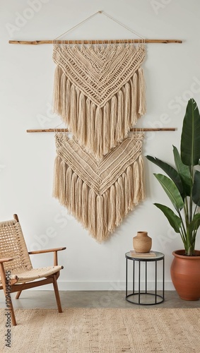Large woven wall hangings add bohemian vibe to minimalist space