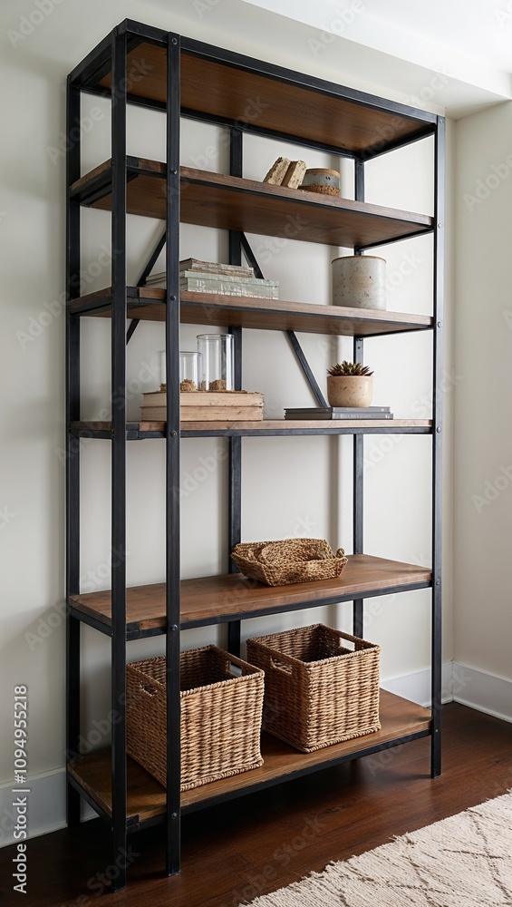 Metal frame shelving unit adds industrial modern touch Metal frame shelving unit adds industrial modern touch