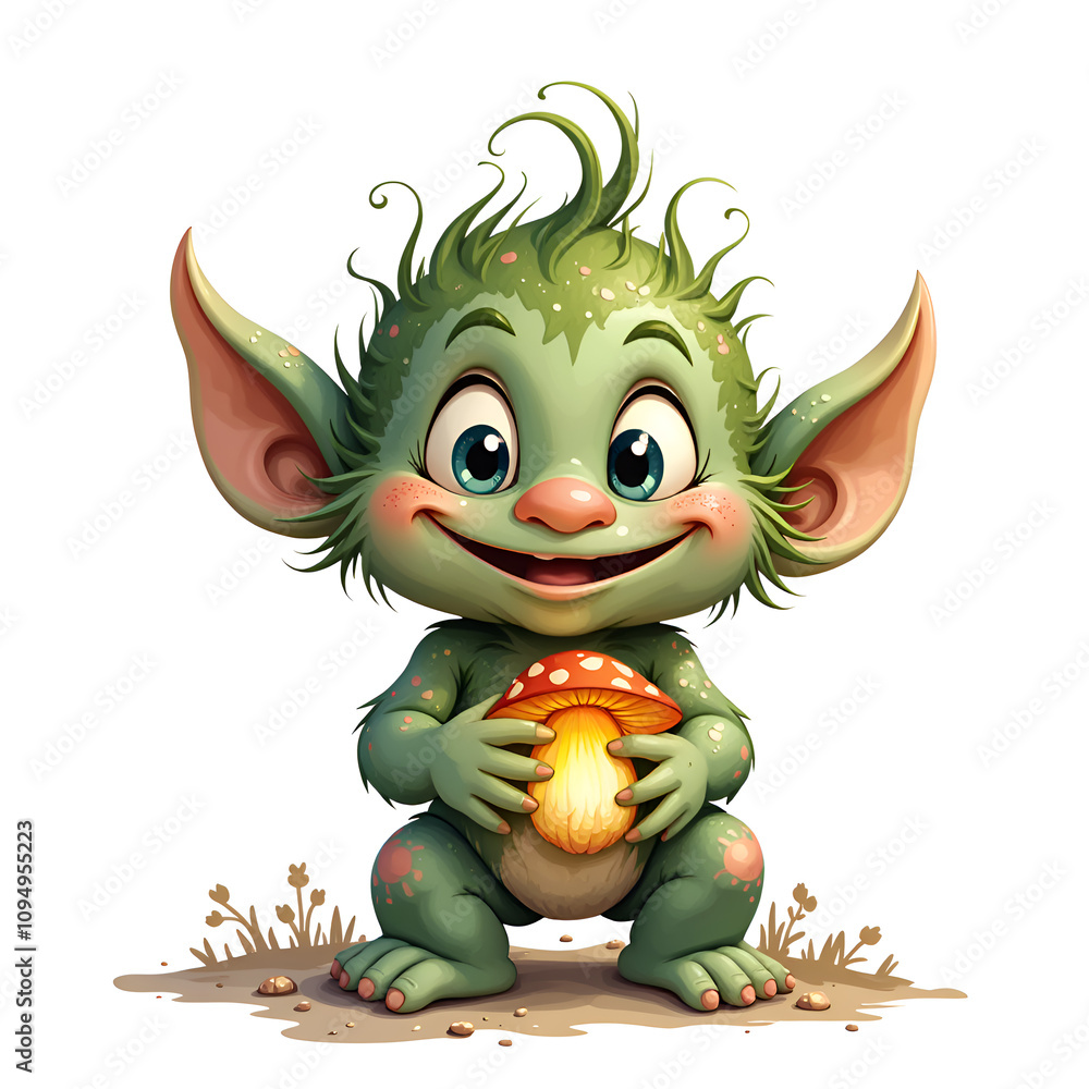 Cheerful little goblin holding a mushroom in a whimsical forest setting, digital illustration of fantasy character design concept. Cheerful little goblin holding a mushroom in a whimsical forest setting, digital illustration of fantasy character design concept.