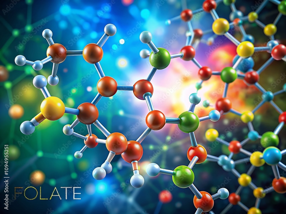 Detailed Illustration of Folate Molecule Structure, Showcasing Vitamin B9 Compound with High Depth of Field and Vivid Color Palette for Educational and Scientific Purposes Detailed Illustration of Folate Molecule Structure, Showcasing Vitamin B9 Compound with High Depth of Field and Vivid Color Palette for Educational and Scientific Purposes