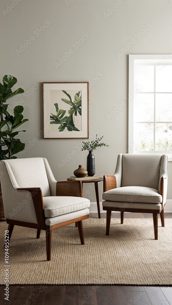 Fototapeta premium Midcentury modern armchairs with neutral upholstery timeless design
