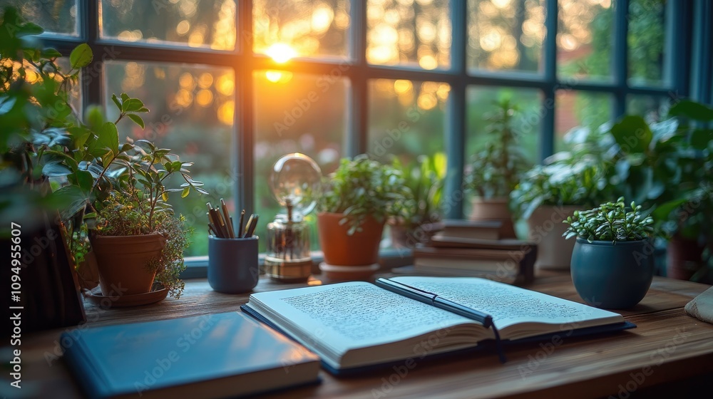 A cozy workspace with an open book and plants, illuminated by warm sunset light. A cozy workspace with an open book and plants, illuminated by warm sunset light.