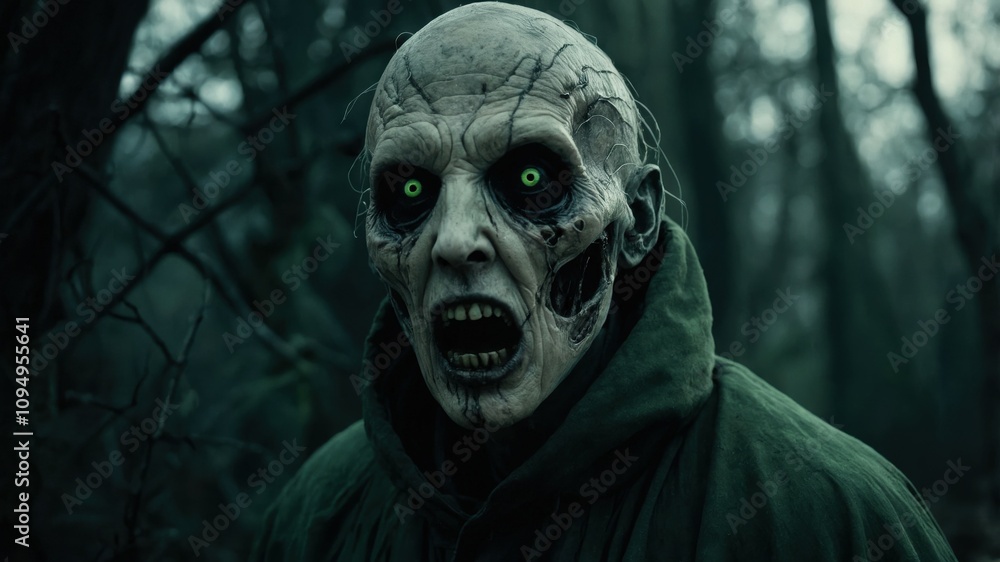 Creepy portrait of a ghoul with glowing green eyes and decayed features, snarling menacingly in a dark and misty forest.
Creepy portrait of a ghoul with glowing green eyes and decayed features, snarling menacingly in a dark and misty forest.