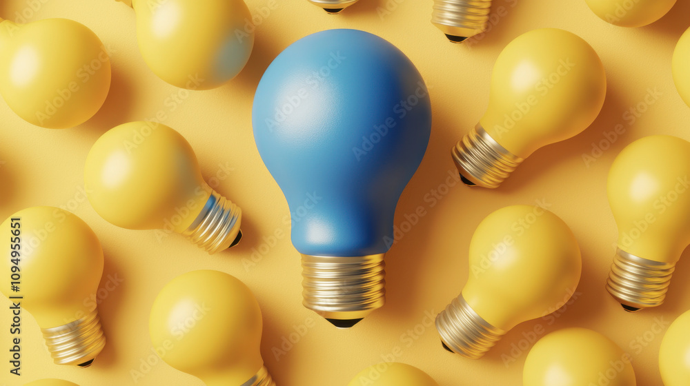 blue light bulb stands out among yellow bulbs on bright background, symbolizing uniqueness and creativity blue light bulb stands out among yellow bulbs on bright background, symbolizing uniqueness and creativity
