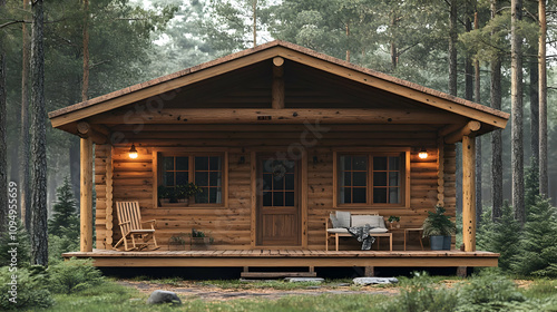 Log Cabin in the Woods 3D Illustration