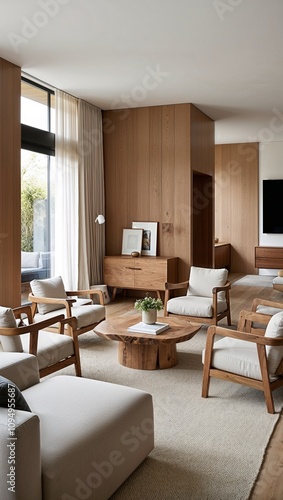 Neutraltoned furniture and natural wood create warm modern space