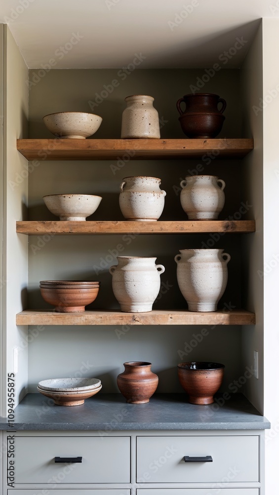 Open shelving with ceramics creating a rustic modern display Open shelving with ceramics creating a rustic modern display