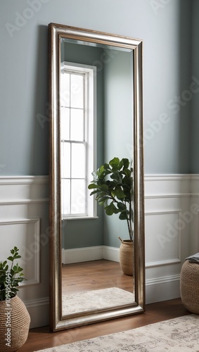 Oversized floor mirror leaning against wall spacious room illusion