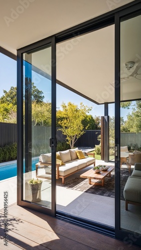 Seamless indooroutdoor transition with large sliding glass doors photo