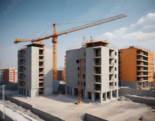 Construction site with tower crane. House and buildings construction. Hotel apartments construction. Housing renovation, real estate. Crane on formwork in Built environment. Cranes on pouring concrete photo