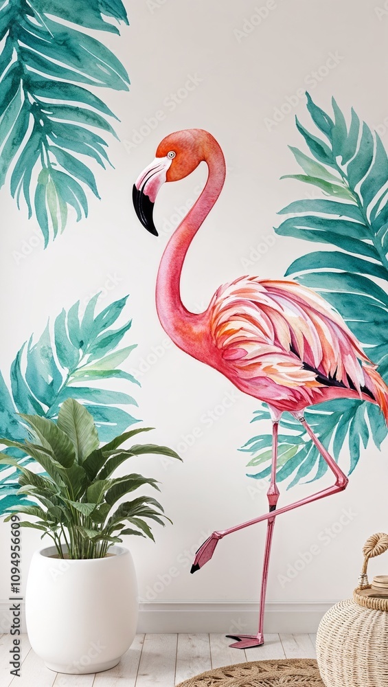 Obraz premium Soft watercolor flamingo illustration adds tropical charm to space