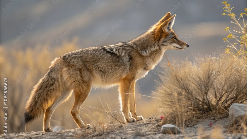 Fototapeta premium An adventurous coyotethemed ensemble showcasing perked ears that reflect a desert palette along with a bushy tail that adds to their wild spirit.