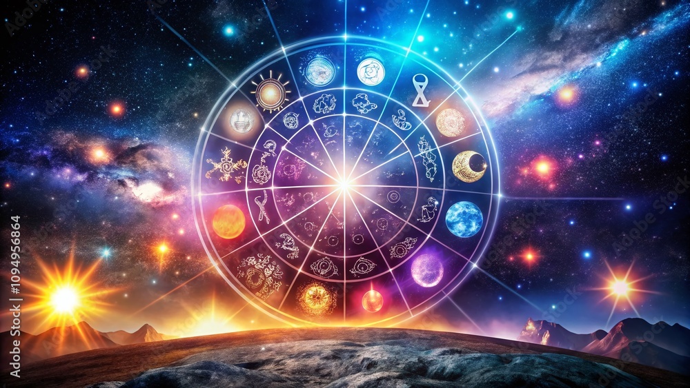 Obraz premium Discovering Los Signos: A Visual Journey Through the Zodiac with Artistic Interpretations of Each Sign in a Vibrant Cosmic Landscape