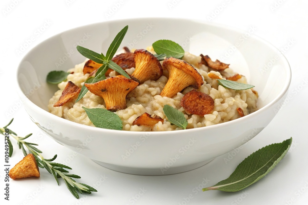 Risotto with chanterelle mushrooms and fresh sage leaves served in a elegant white bowl against a simple background, Italian cuisine, sage leaf, elegant setting Risotto with chanterelle mushrooms and fresh sage leaves served in a elegant white bowl against a simple background, Italian cuisine, sage leaf, elegant setting