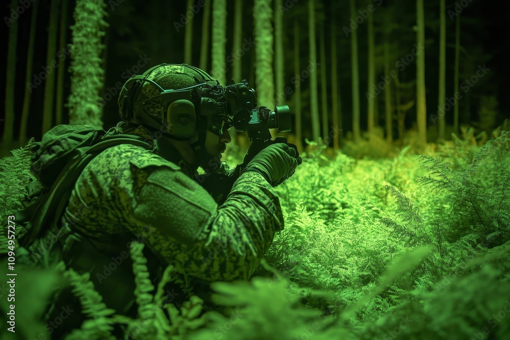 Camouflaged soldier aiming weapon, night forest. Camouflaged soldier aiming weapon, night forest.