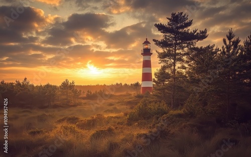 A serene photograph of a red-and-white striped lighthouse surrounded by pine trees at sunset. 