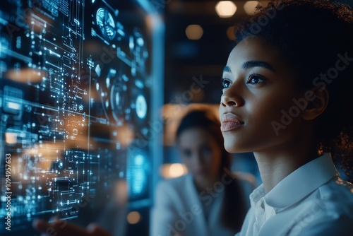 A woman engages with an advanced digital interface, showcasing technology's role in human experiences and interactions in modern society.