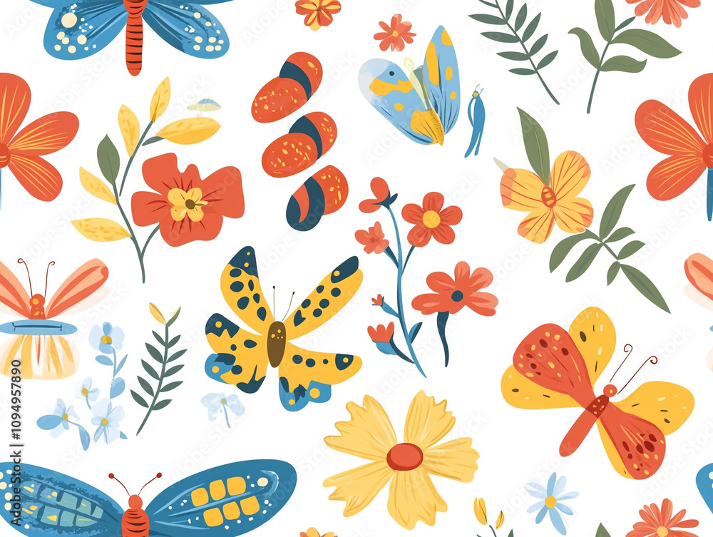 Fototapeta premium A colorful butterfly pattern with flowers and leaves. The butterflies are of different sizes and colors. 