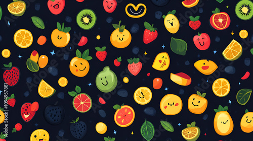 A vibrant and playful pattern featuring cartoon fruits with smiley faces. This cheerful design includes strawberries, oranges, and kiwi, creating a lively and fun atmosphere for any use