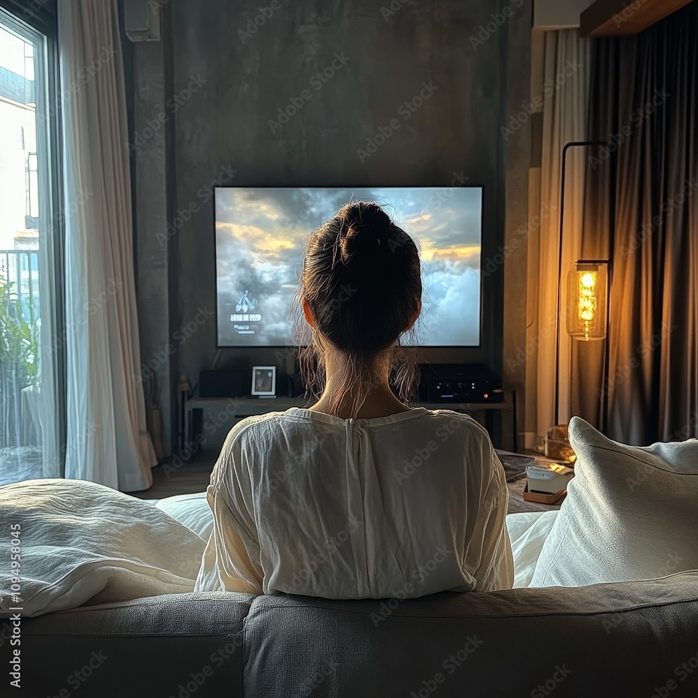 Woman Relaxing at Home Watching OTT Content on Smart TV Woman Relaxing at Home Watching OTT Content on Smart TV