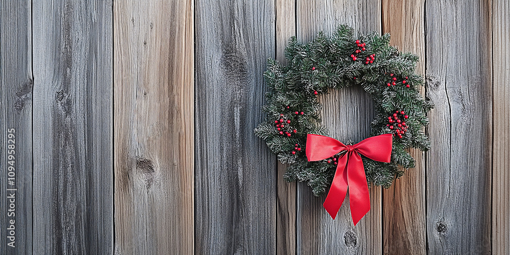 a christmas wreath on rustic wooden wall pine circular garland with berries and ribbon bow a christmas wreath on rustic wooden wall pine circular garland with berries and ribbon bow
