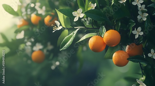 Orange tree with blossoms and clusters of juicy harvest ready oranges