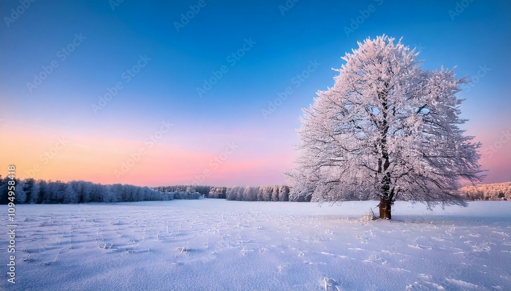 Snow-Covered Tree with Pastel Sky Snow-Covered Tree with Pastel Sky