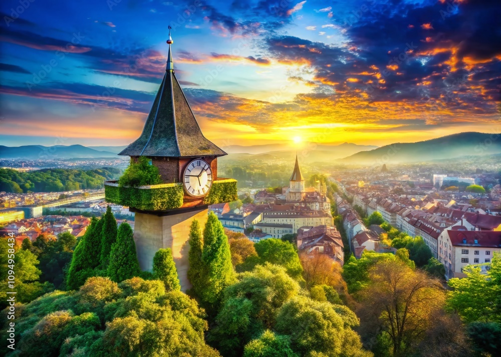 Fototapeta premium Double Exposure Photography of Graz's Uhrturm Landmark Blending with Scenic City Views and Nature, Creating a Stunning Visual Experience of Austria's Architectural Heritage