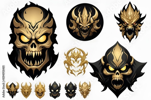 group of fierce golden demonic faces with sharp details, glowing eyes, and menacing expressions photo