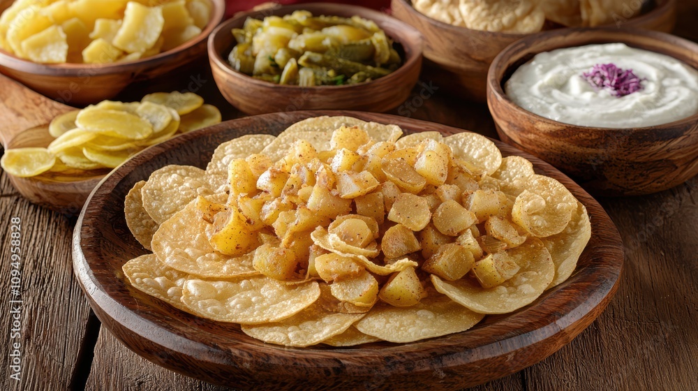 Delicious potato chips with yogurt dip rustic kitchen table food photography cozy atmosphere close-up shot culinary delight Delicious potato chips with yogurt dip rustic kitchen table food photography cozy atmosphere close-up shot culinary delight
