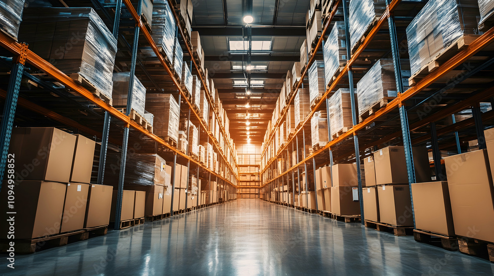 Fototapeta premium Bright warehouse with organized shelves of brown file boxes