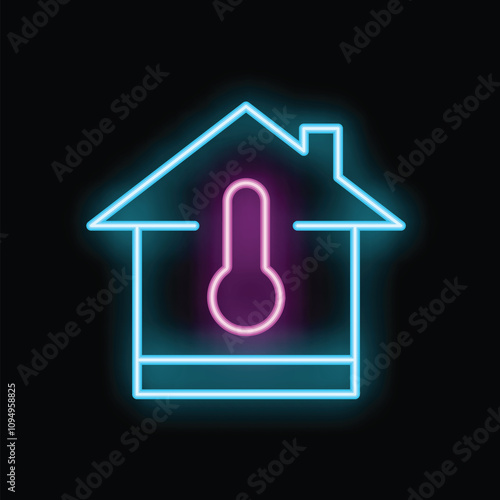 Neon icon of a house with a thermometer inside, indicating the indoor temperature