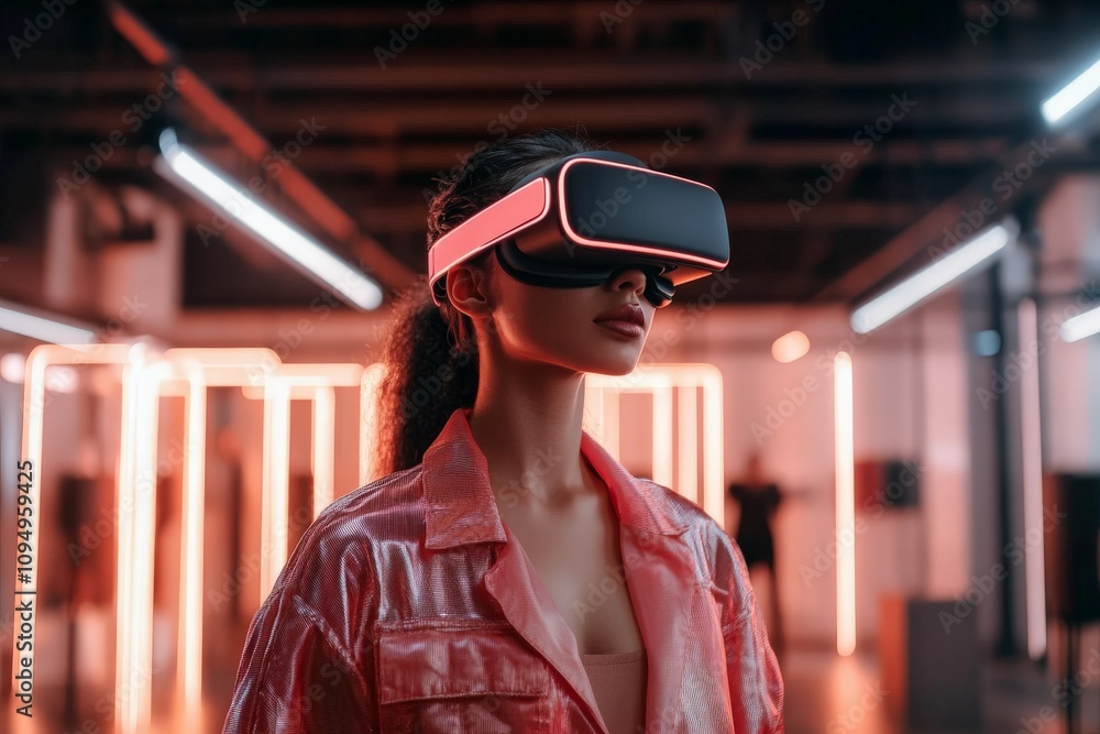 A woman wears a virtual reality headset in a neon-lit room, experiencing immersive digital environments, symbolizing the rise of VR technology in modern life. A woman wears a virtual reality headset in a neon-lit room, experiencing immersive digital environments, symbolizing the rise of VR technology in modern life.