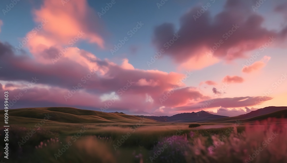 Pink Sunset Clouds Over Rolling Green Hills Pink Sunset Clouds Over Rolling Green Hills