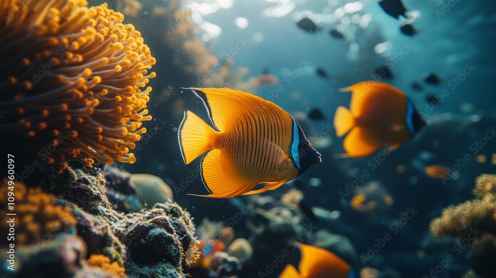 Obraz premium beautiful coral reef surrounded by shoals of coral fish and yellow butterfly fish