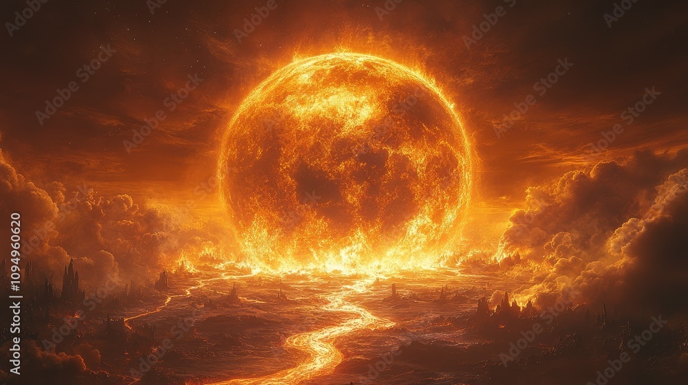 A dramatic sunset with fiery colors illuminating clouds and a flowing river of light. A dramatic sunset with fiery colors illuminating clouds and a flowing river of light.