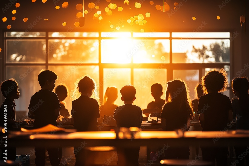 Silhouetted children in a classroom engage in activities as the sun sets, symbolizing learning, growth, and exploration in an educational environment. Silhouetted children in a classroom engage in activities as the sun sets, symbolizing learning, growth, and exploration in an educational environment.