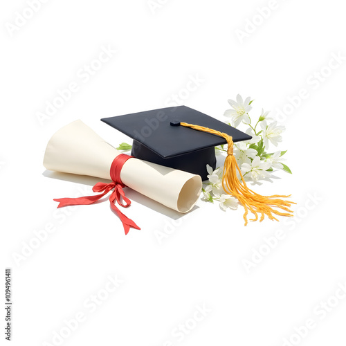 Hand painted watercolor detailed graduation cap with gold tassel placed on diploma scroll surrounded by delicate floral accents in soft pastel colors on white background
