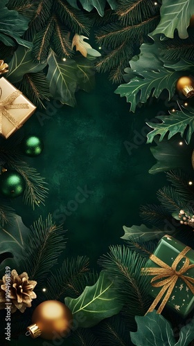 Dark green Christmas background with gifts, ornaments, and leaves.