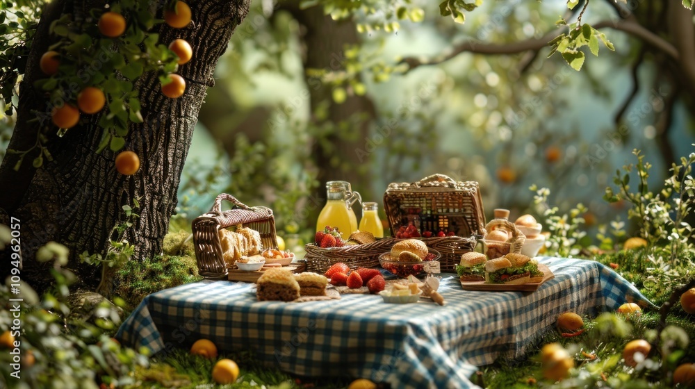 A picturesque picnic spread under a tree, featuring food and drinks on a checkered tablecloth. A picturesque picnic spread under a tree, featuring food and drinks on a checkered tablecloth.