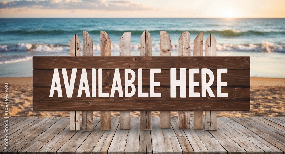 Fototapeta premium Available here lettering on wooden sign board with beach summer background