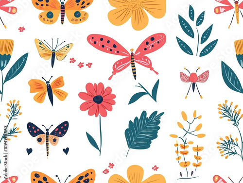 A colorful butterfly pattern with flowers and leaves. The butterflies are of different sizes and colors.  photo