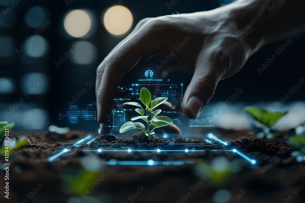 A hand tends to a small plant sprouting from the soil, integrated with digital elements, representing technological growth and sustainable innovation. A hand tends to a small plant sprouting from the soil, integrated with digital elements, representing technological growth and sustainable innovation.