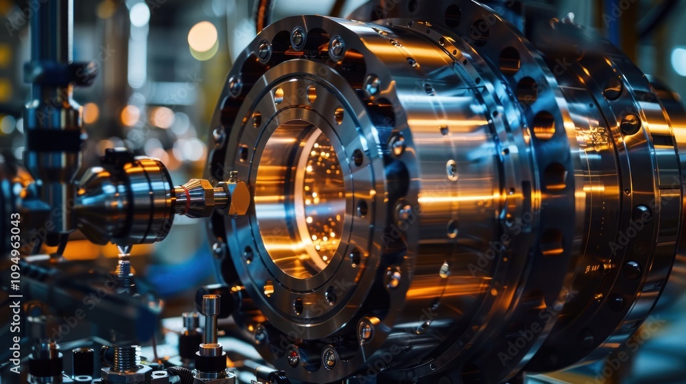 Close-up of a complex industrial machine component with intricate metallic details. Close-up of a complex industrial machine component with intricate metallic details.